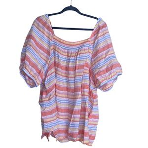 Talbots Plus Linen Square Neck Palm Stripe Blouse 3x Top